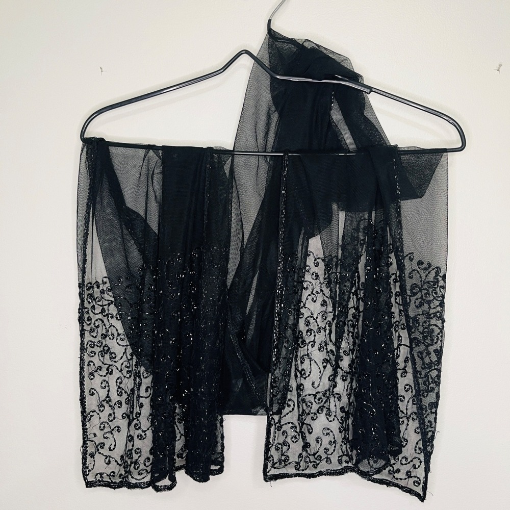Sheer Black Beaded Scarf Whimsigoth Fairy Mystical Halloween